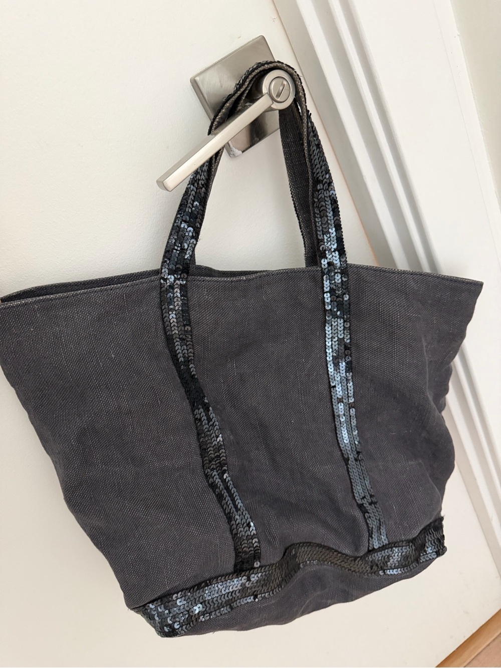 Vanessa Bruno Denim Navy Canvas Tote with Sequin-Trim Handles